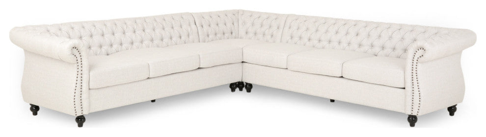 Annabelle 7 Seater Velvet Tufted Chesterfield Sectional, Beige, Dark Brown, Fabric