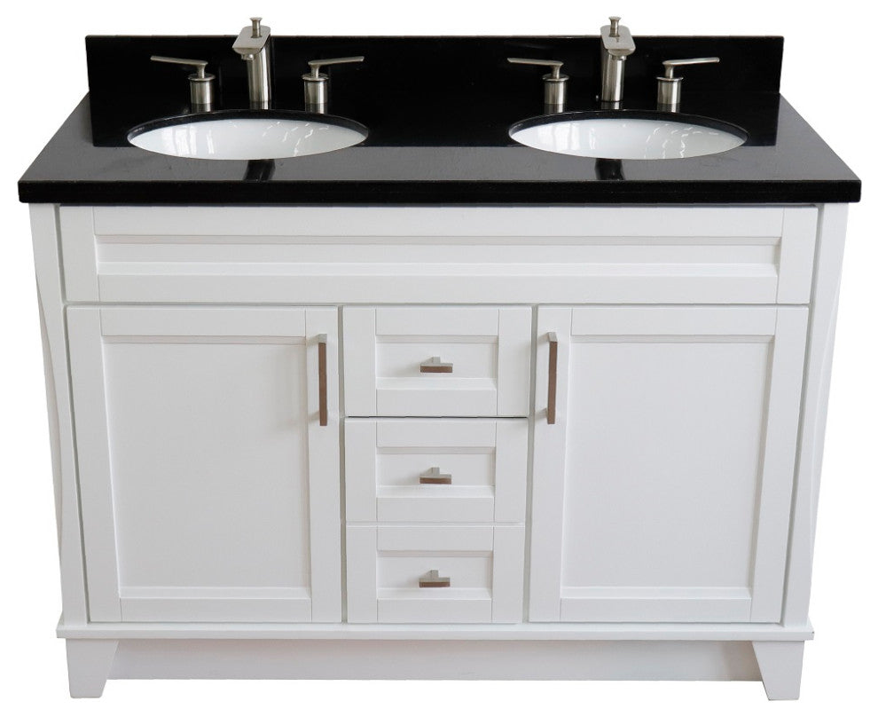 48" Double Sink Vanity, White Finish With Black Galaxy Granite And Oval Sink