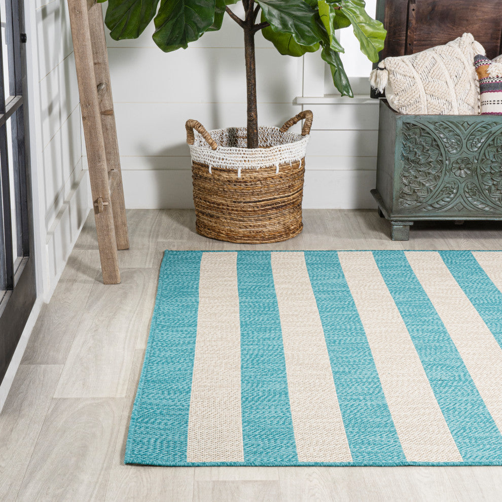 Negril Two-Tone Wide Stripe Indoor/Outdoor Area Rug, Aqua/Cream, 8x10