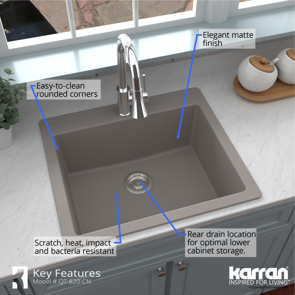 Karran QT-820 Top Mount 25" Single Bowl Quartz Kitchen Sink, Concrete