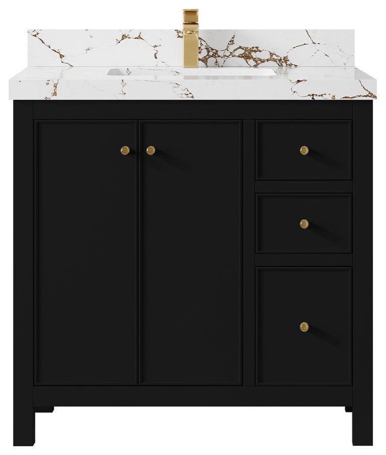 Chicago 36" Center Sink Bathroom Vanity, Black 2" Viola Gold