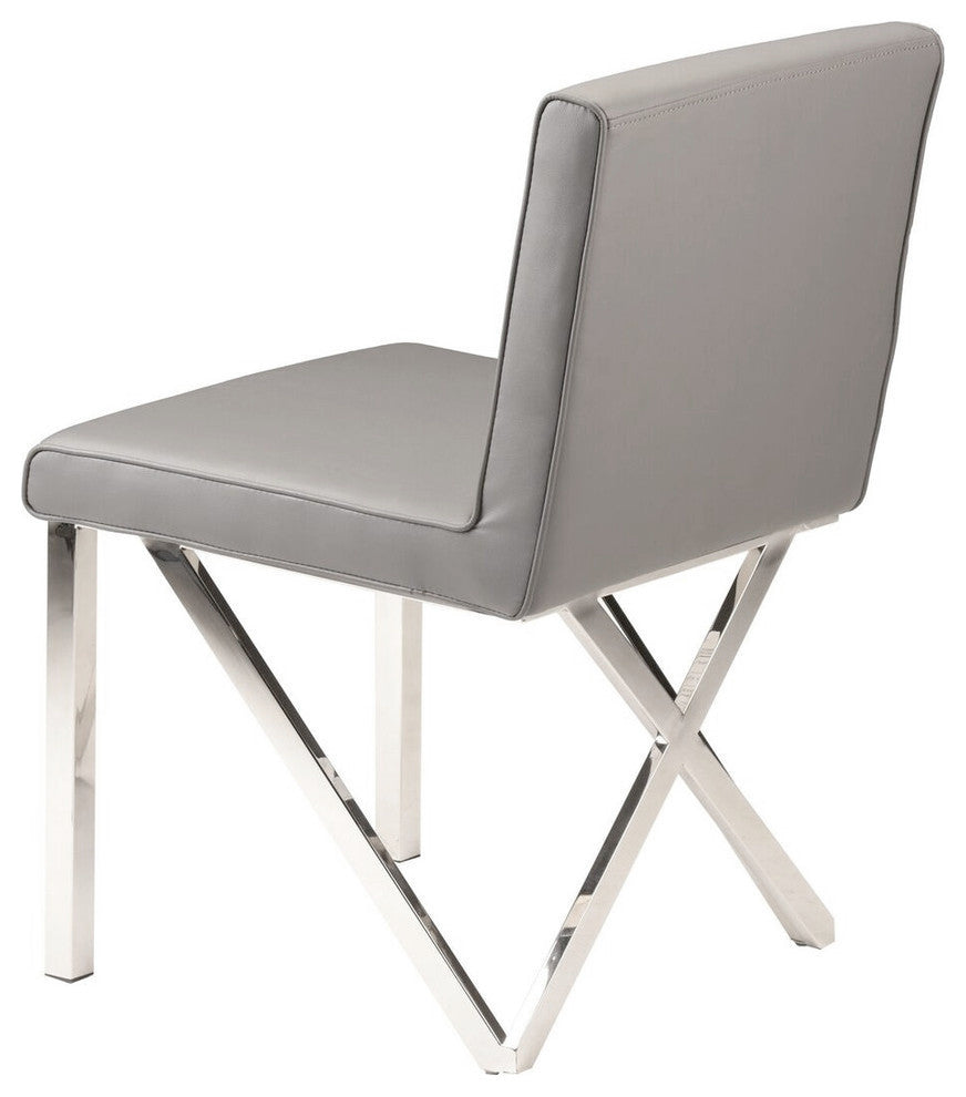 Talbot Dining Chair in Grey Naugahyde and Polished Stainless Steel Base