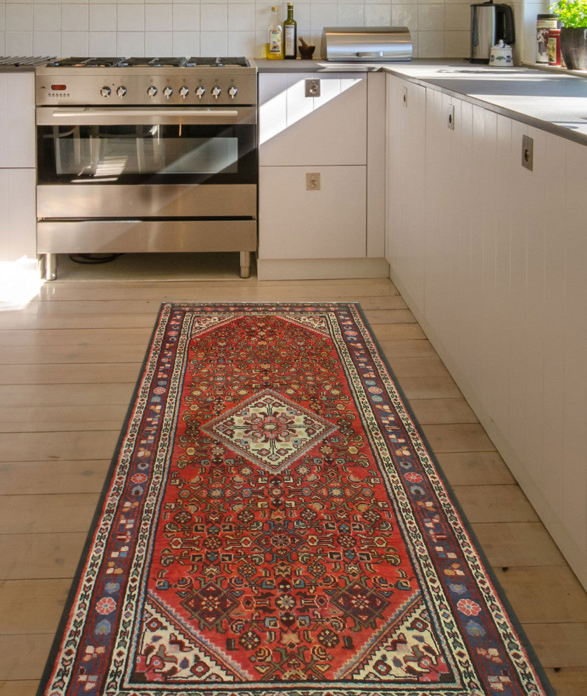 Fine Vintage Distressed Astrid Rust/Blue Runner, 3'9x9'5