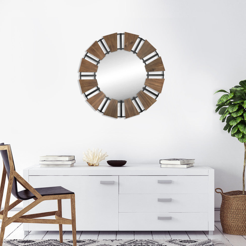 Industrial Chic Wood and Metal Round Wall Mirror