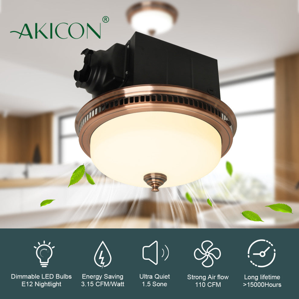 Bathroom Exhaust Fan  LED Light and Nightlight 110CFM 1.5 Sone Antique Copper