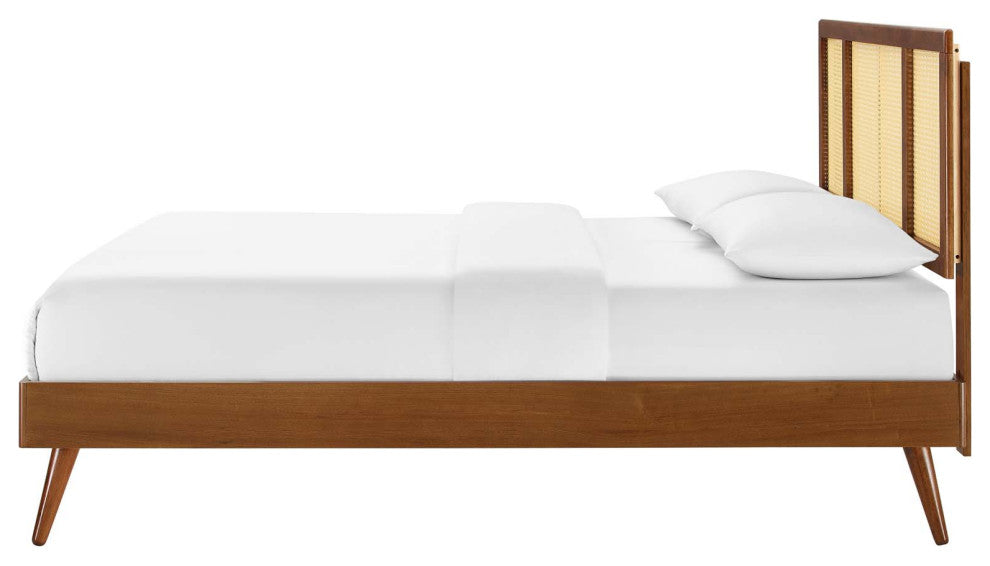Platform Bed Frame, Full Size, Wood, Brown Walnut, Modern Mid-Century, Bedroom