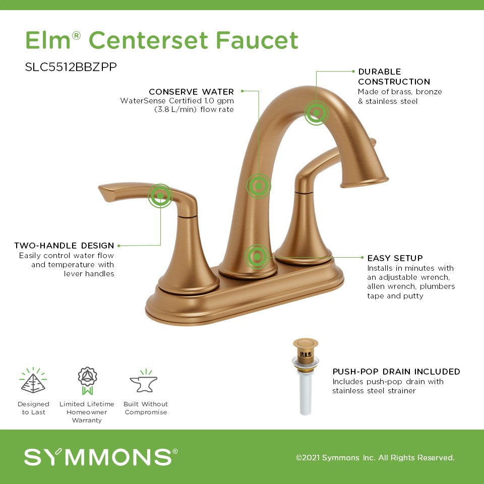Elm 4" Centerset Faucet, Brushed Bronze, Push Pop Drain