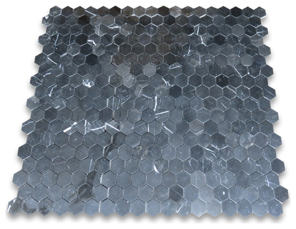 Nero Marquina Black Marble 2 inch Hexagon Mosaic Tile Polished, 1 sheet