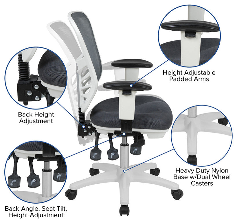 Mid-Back Mesh Swivel Task Chair with Triple Paddle Control, Dark Gray Mesh/White