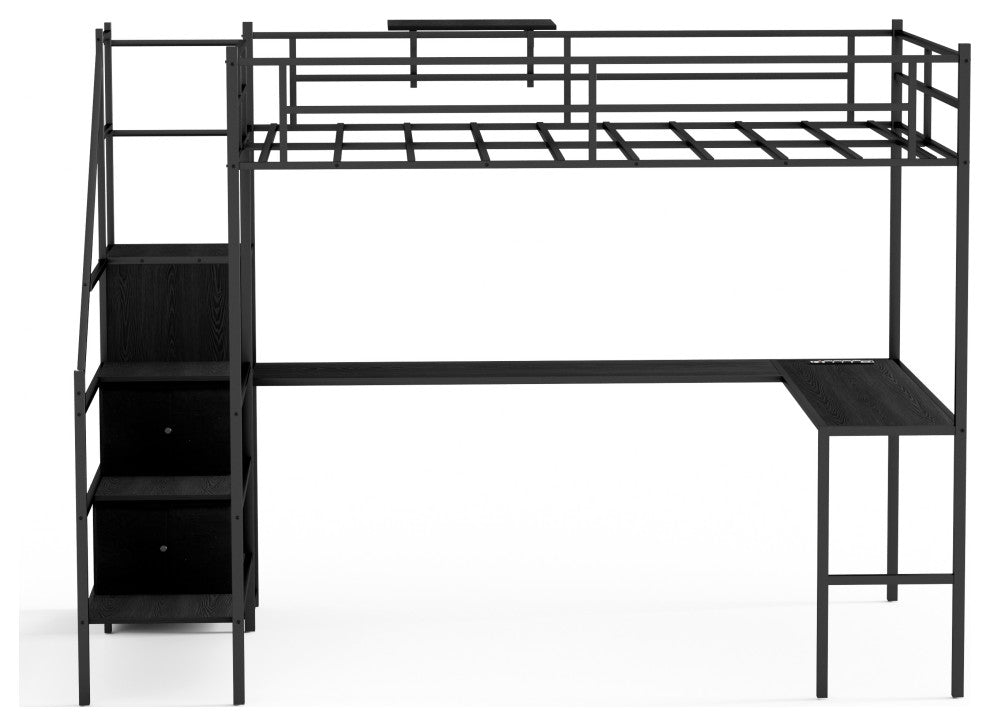 Gewnee Full Size Metal Loft Bed with L-shaped Desk