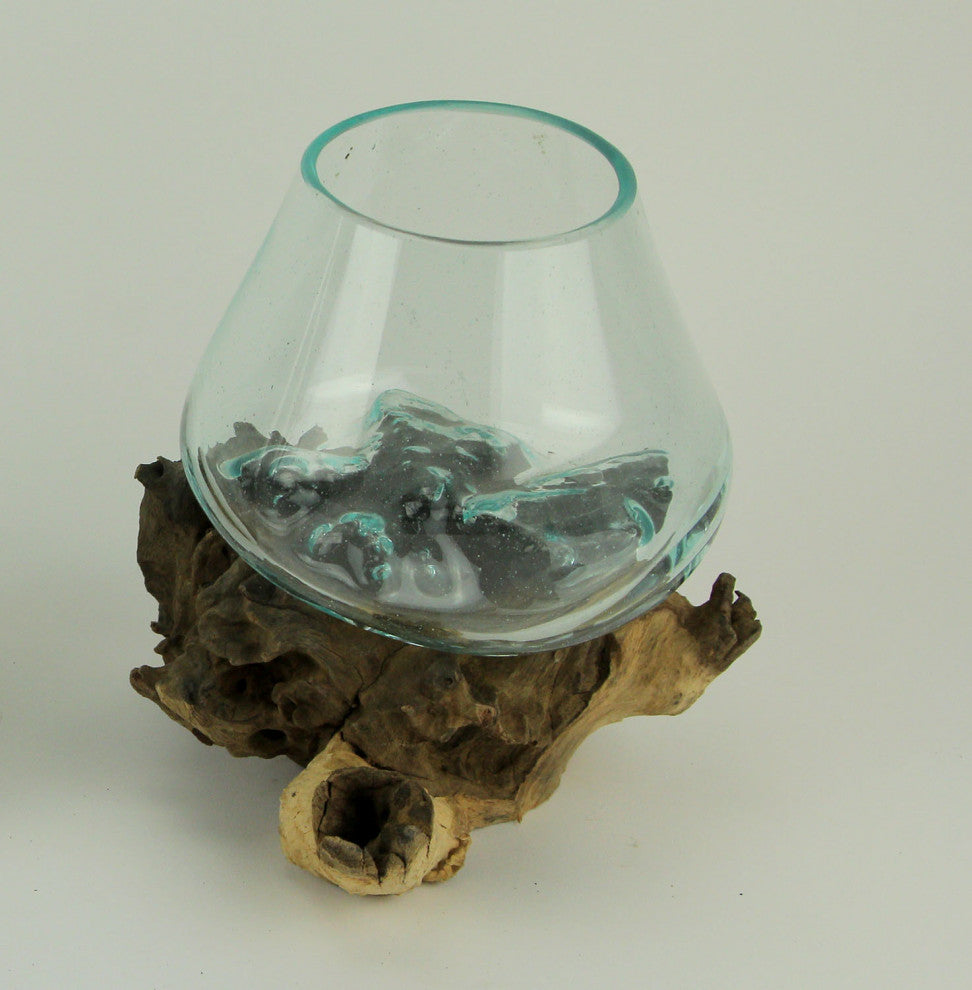 Clear Molten Glass On Teak Driftwood Base Decorative Bowl Vase Terrarium Plante