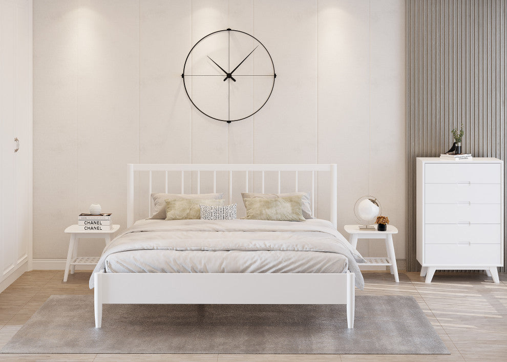 Modern Slatted Wood Headboard Platform Bed, White, Queen