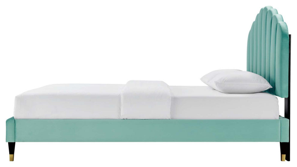 Platform Bed Frame, Queen Size, Blue, Velvet, Modern, Bedroom Guest Suite