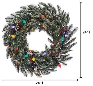 24" Lightly Flocked Smoky Mountain Wreath With Pine Cones, With assorted lights