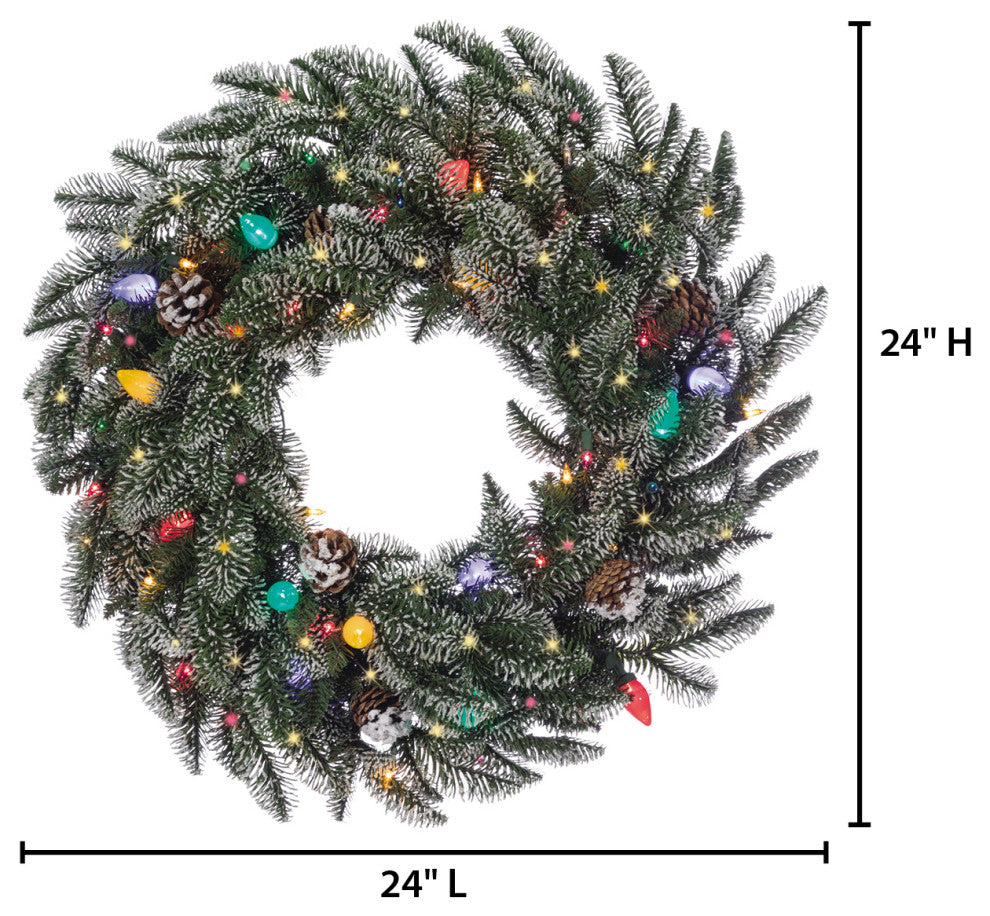 24" Lightly Flocked Smoky Mountain Wreath With Pine Cones, With assorted lights