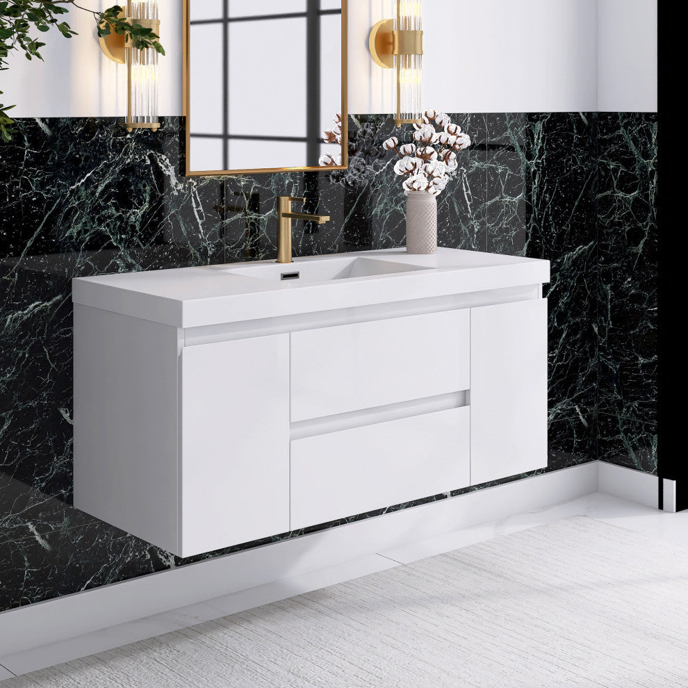 Wall-Mounted Bathroom Vanity with Integrated Resin Sink, White, 48in.