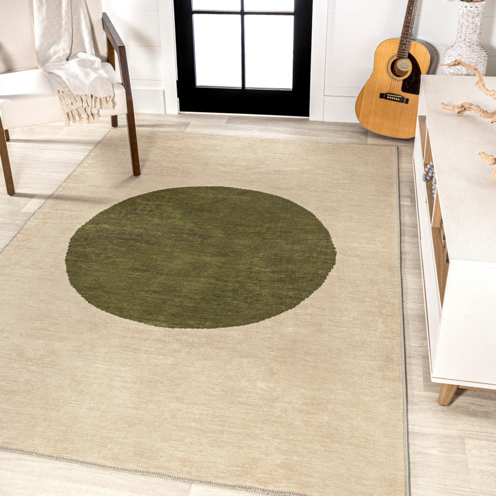 Cirkel Minimalist Geometric Dot Machine-Washable Area Rug, Cream/Olive, 5x8