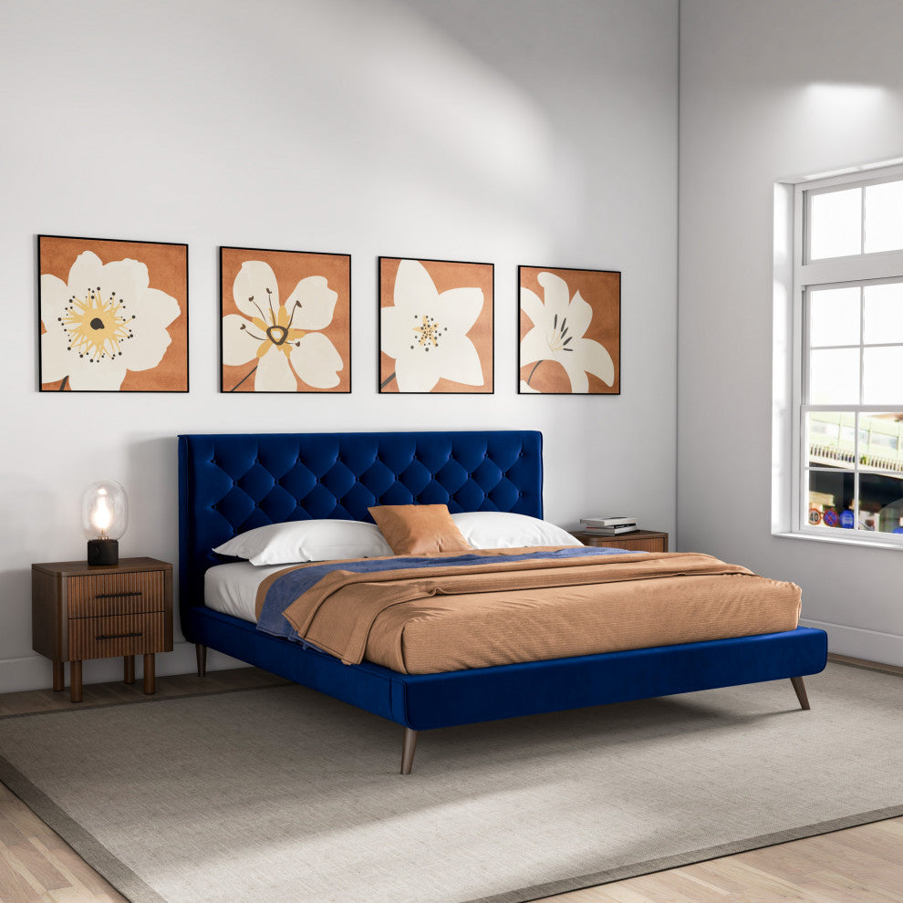Ashley Midcentury Velvet Tufted Solid Wood Platform Bed, Blue, King