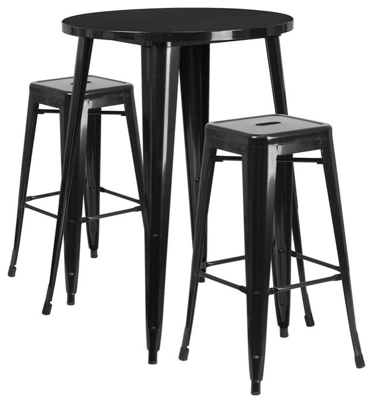 30" Round Black Metal Bar 3-Piece Table Set With 2 Square Seat Backless Stools