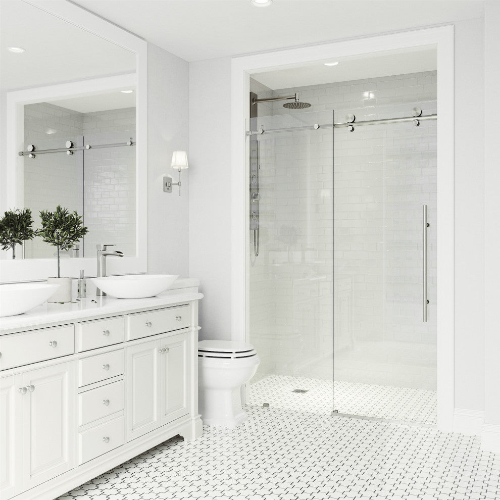 VIGO Elan E-Class 52" to 56" W x 76" H Frameless Sliding Shower Door, Stainless Steel, Clear Glass