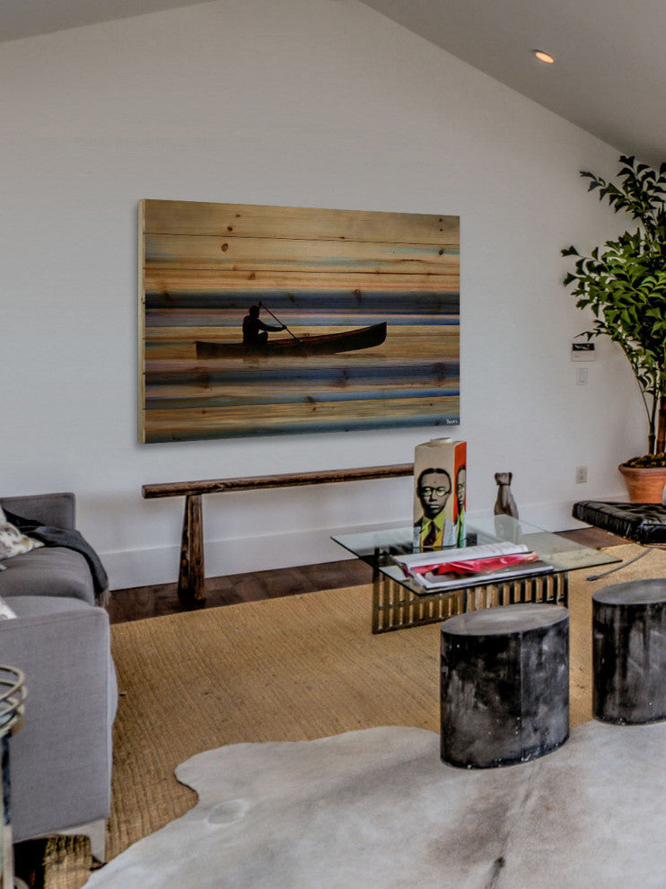 "Canoe on Calm Lake" Print on Natural Pine Wood, 36"x24"