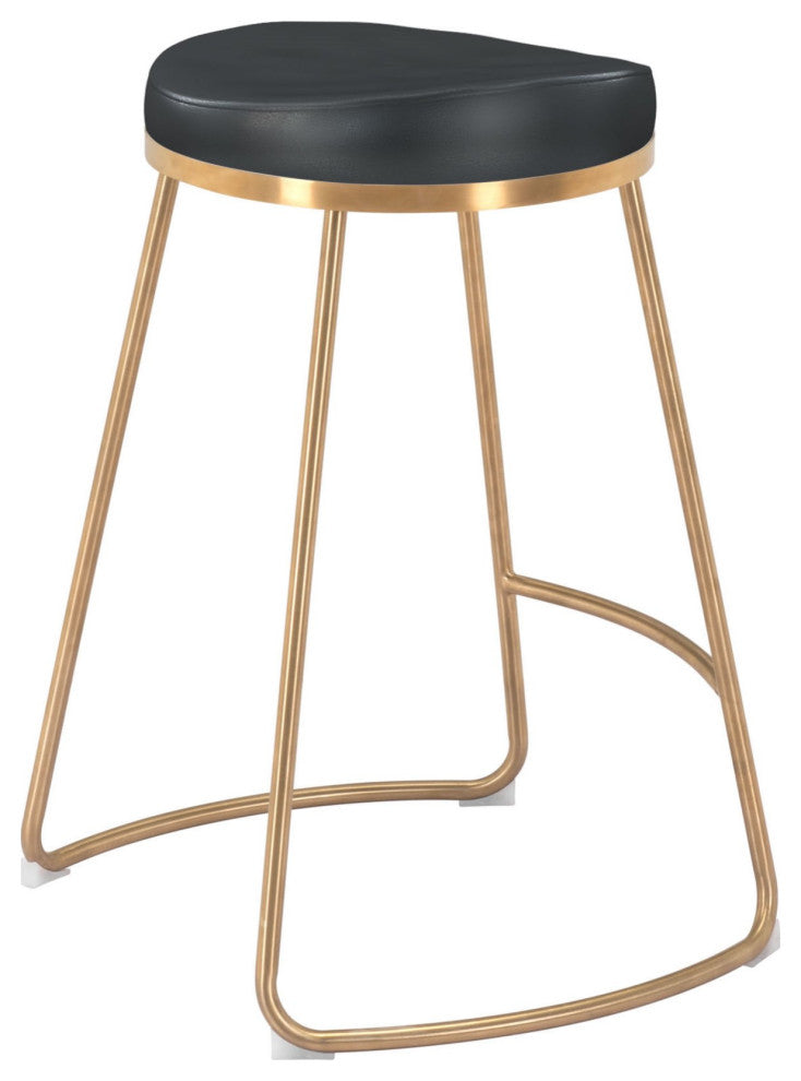 Counter Stool Chair, Set of 2, Faux Vinyl Leather, Steel, Black, Gold, Cafe