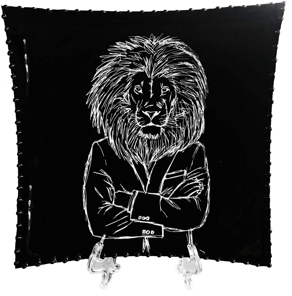 Decorative Tray with Display Stand with Black & White Lion Metal Plate Tray, 8x8