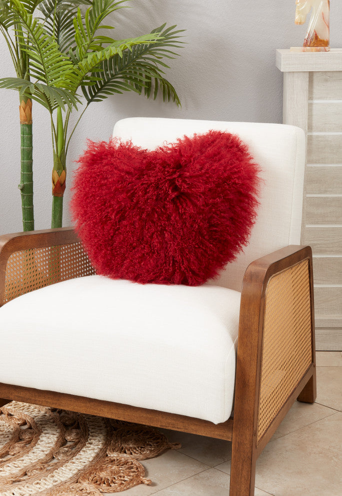 Fluffy Love Heart-Shaped Mongolian Lamb Fur Poly Filled Throw Pillow, Red