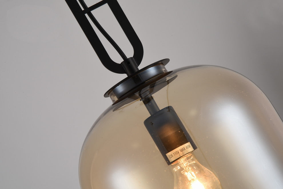 Glass Single Pendant Light With Matte Black Frame, Cognac