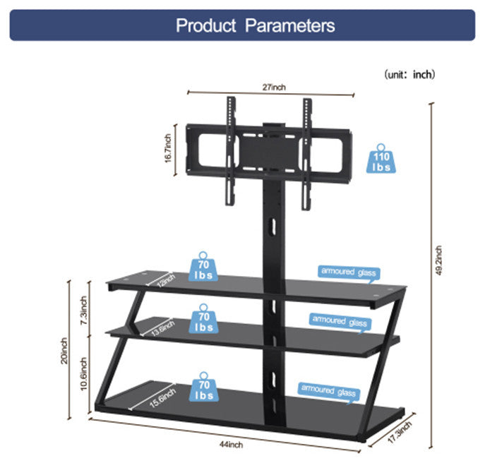 Universal Tempered Glass metal frame TV stand with 3 layer