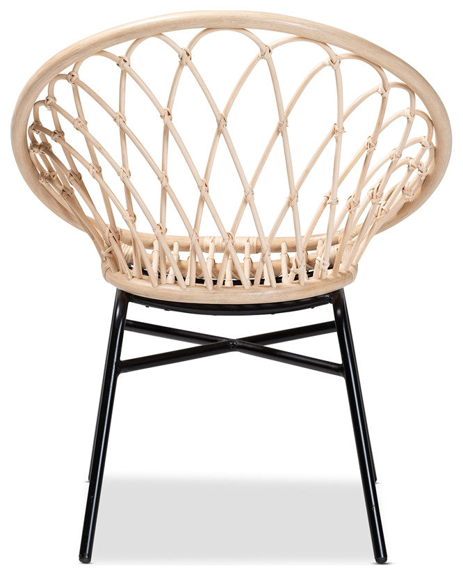 Modern Bohemian Natural Brown Rattan and Black Metal Chair, Intertwine Accents