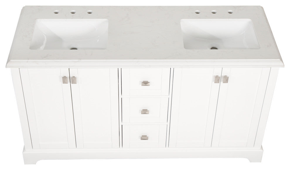 Freestanding Double Bathroom Vanity with White Carrara Marble Top, White, 60"