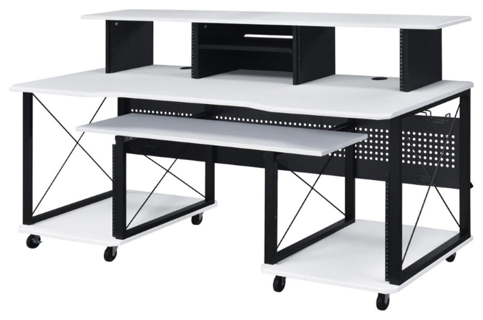 Benzara BM276206 Desk Workstation, Crossed Metal Panels, Keyboard Tray, White