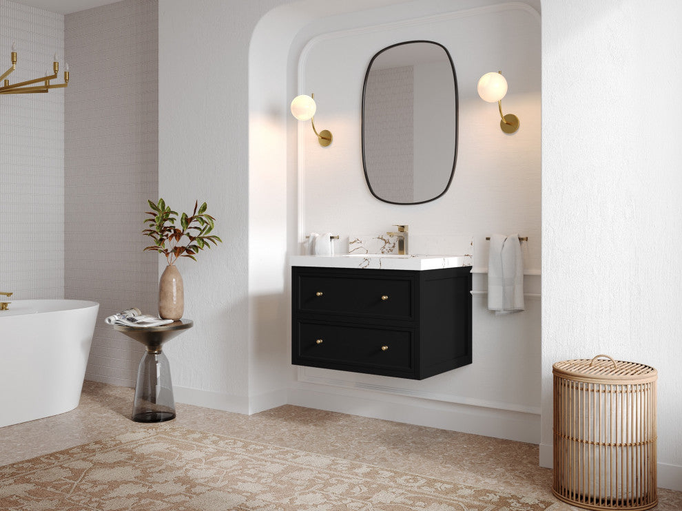 Roswell Floating 30" Single Sink Bath Vanity, Black 2" Calacatta Gold
