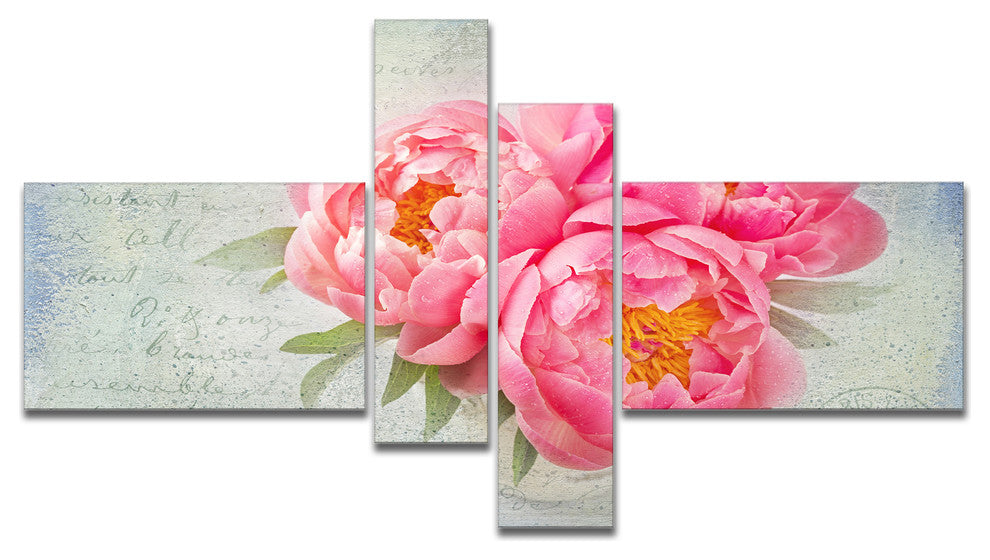 Pink Peony Flowers in White Vase, Floral Canvas Art Print, 60"x32", 4 panels