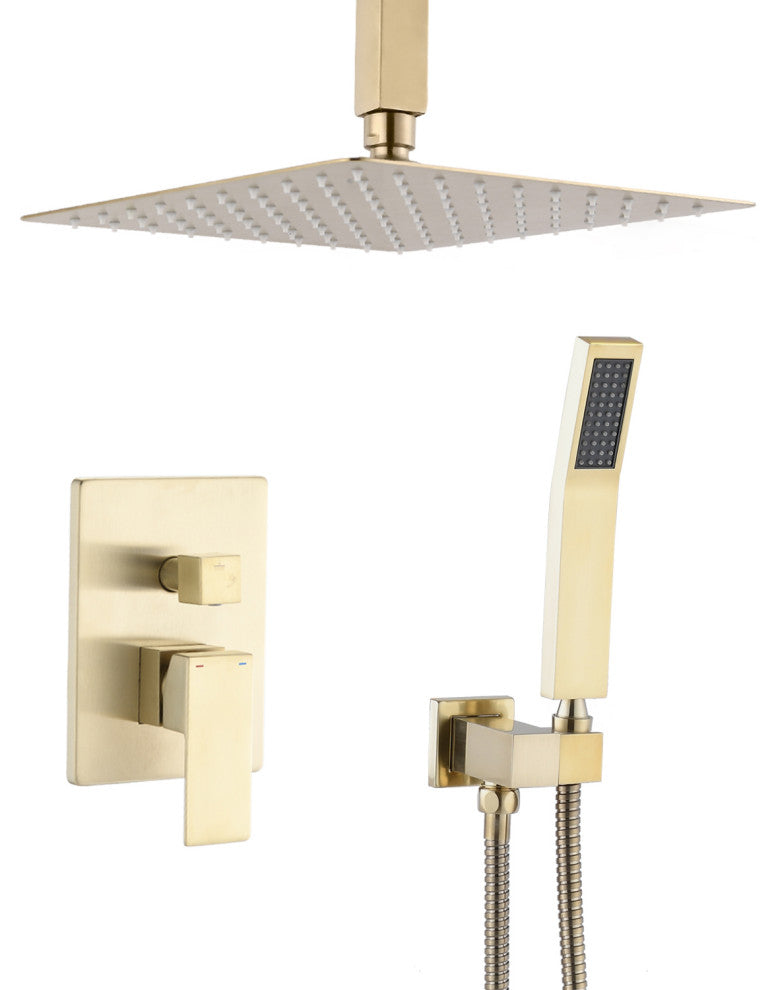 Ceiling Mounted Shower System Set With 10" Rain Shower Head, Brushed Gold