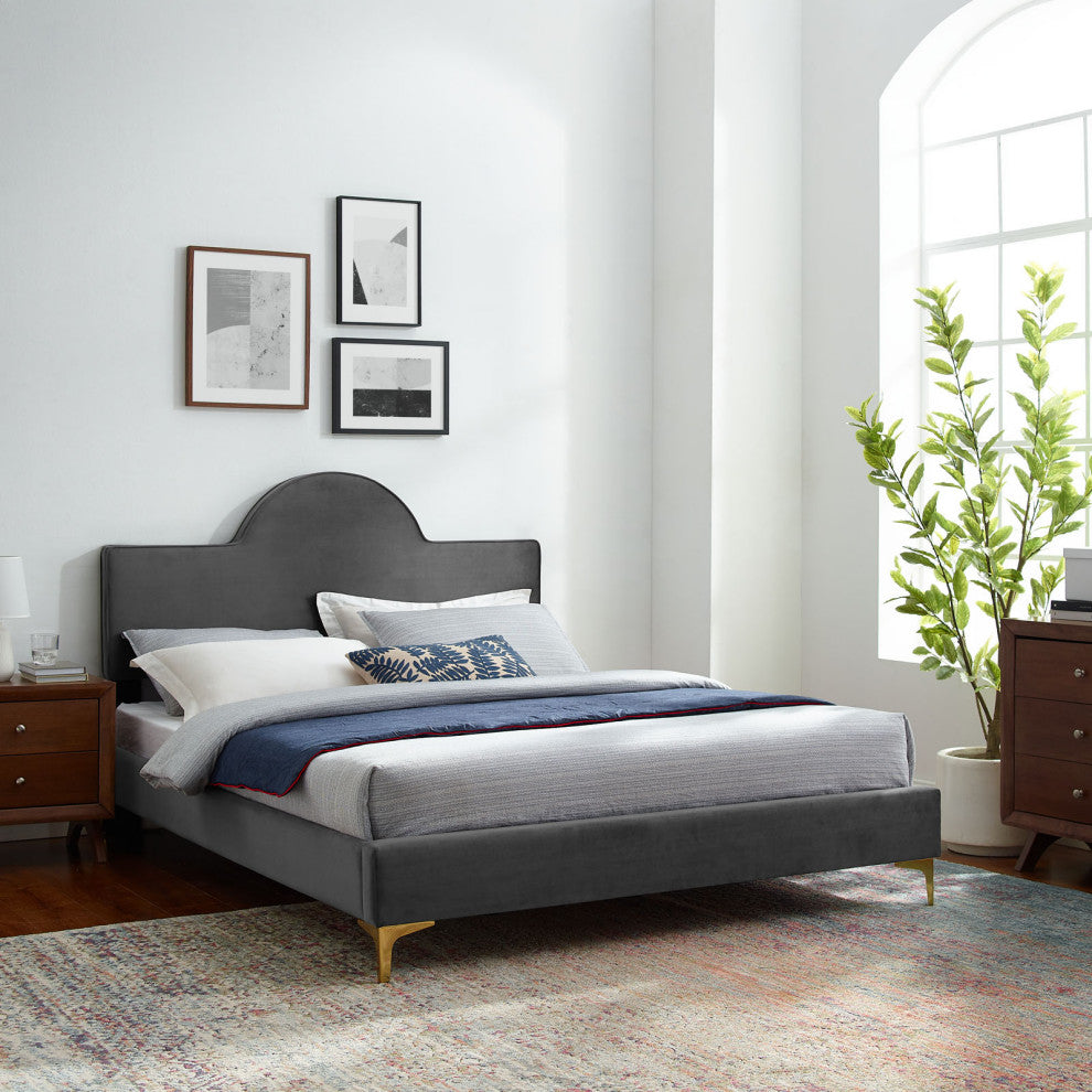 Platform Bed Frame, Queen Size, Charcoal Gray, Velvet, Modern, Guest Suite
