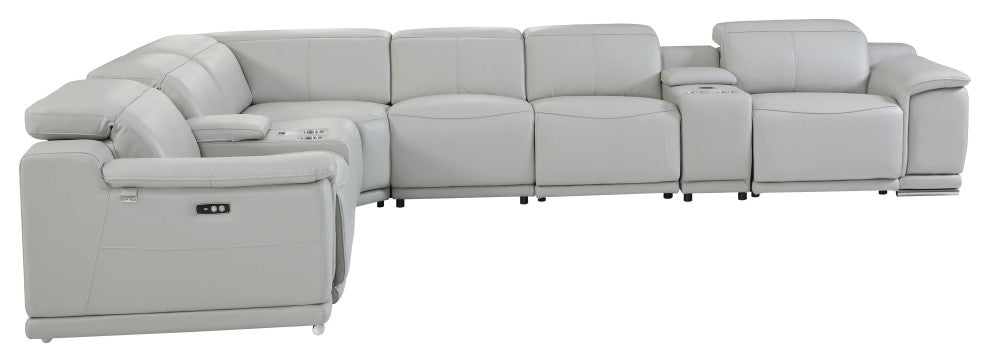 Federico 8-Piece L-Shaped Top Grain Italian Leather Sectional-3 Power Recliners, Light Gray