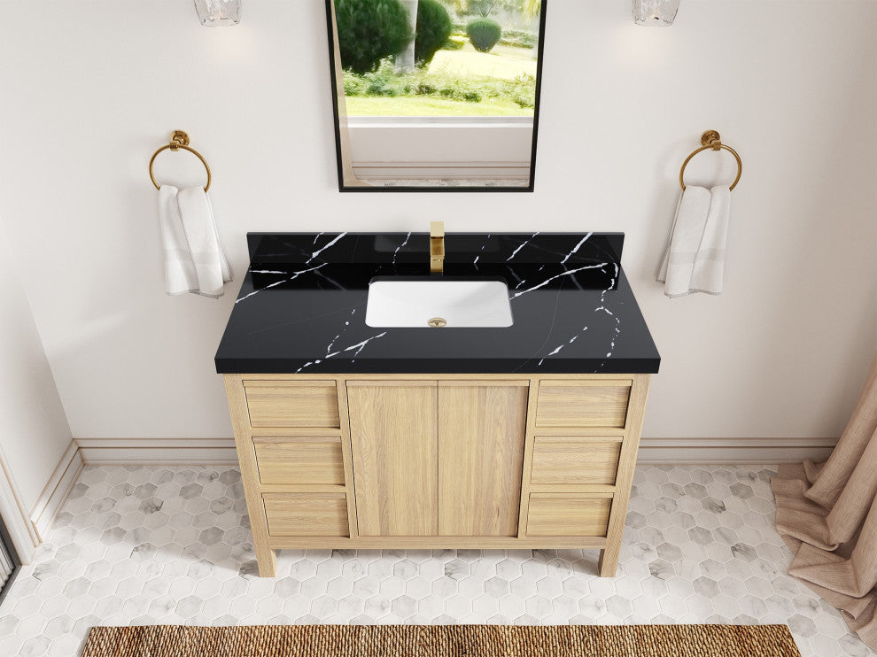 Elizabeth Oak 48" Single Sink Vanity, White 2" Calacatta Black