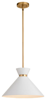 Racine One Light Pendant in Matte White and Natural Brass