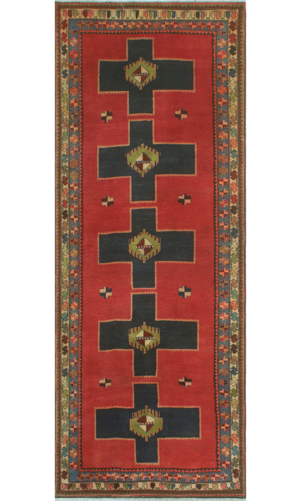 Fine Vintage Distressed Fawad Red/Navy Runner, 3'9x10'4