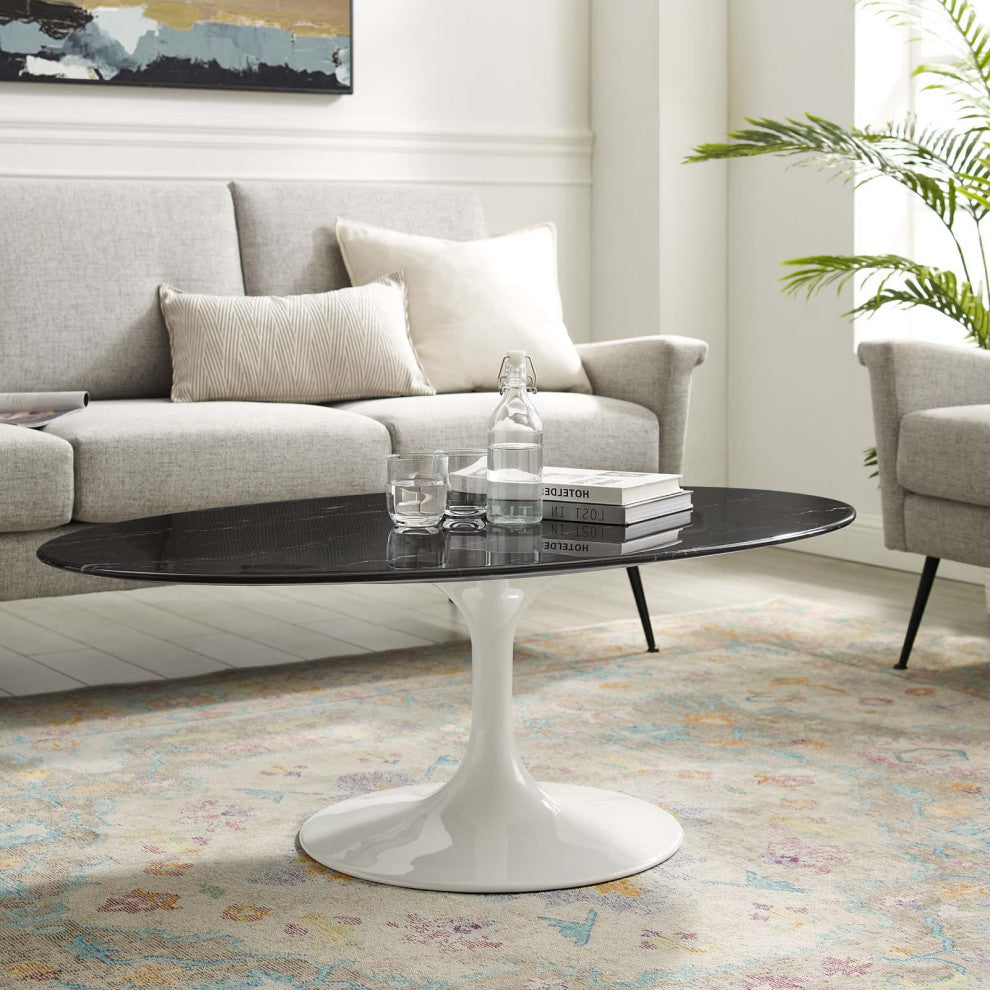 Coffee Table, Oval, Black White, Artificial Marble, Metal, Modern, Hospitality