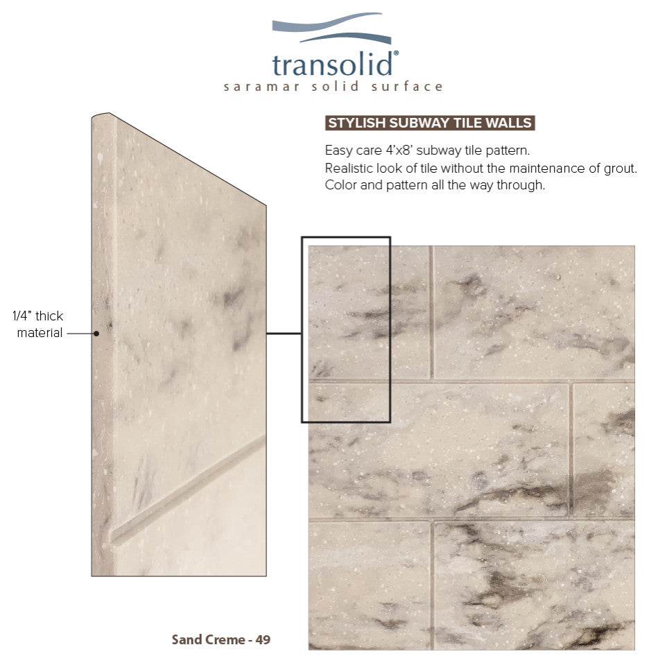 Transolid SaraMar 60"x36"x96" 6-Piece Shower Wall Kit with Extension, Sand Creme