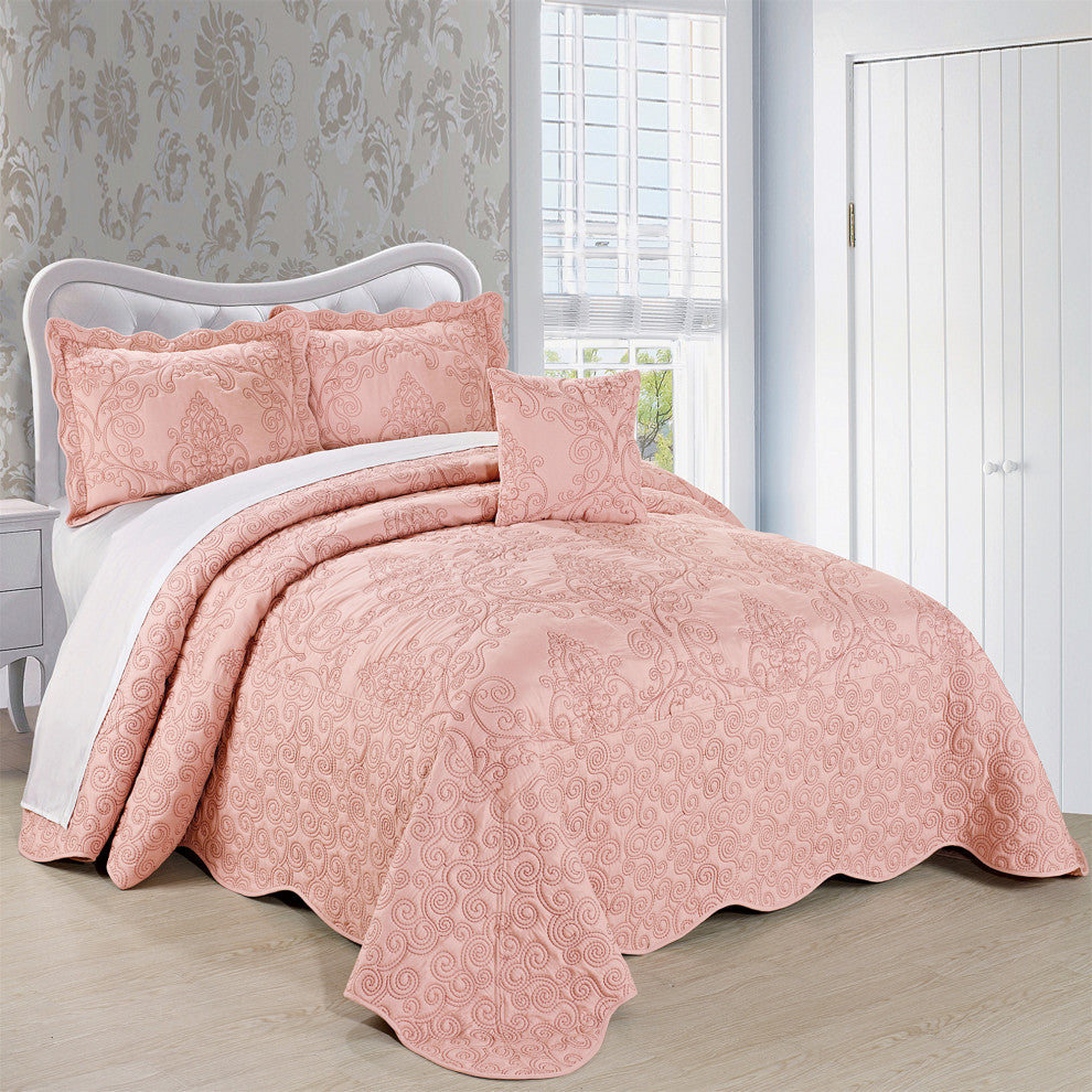 Damask Embroidered Quilted 4 Piece Bed Spread Sets, Dusty Pink, King