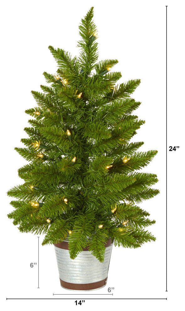 2' Providence Pine Faux Xmas Tree, Planter W/35 White Lights & Bendable Branches