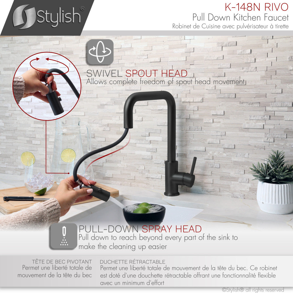 STYLISH Single Handle Pull-Down Dual Mode Kitchen Faucet Stainless Steel/Black