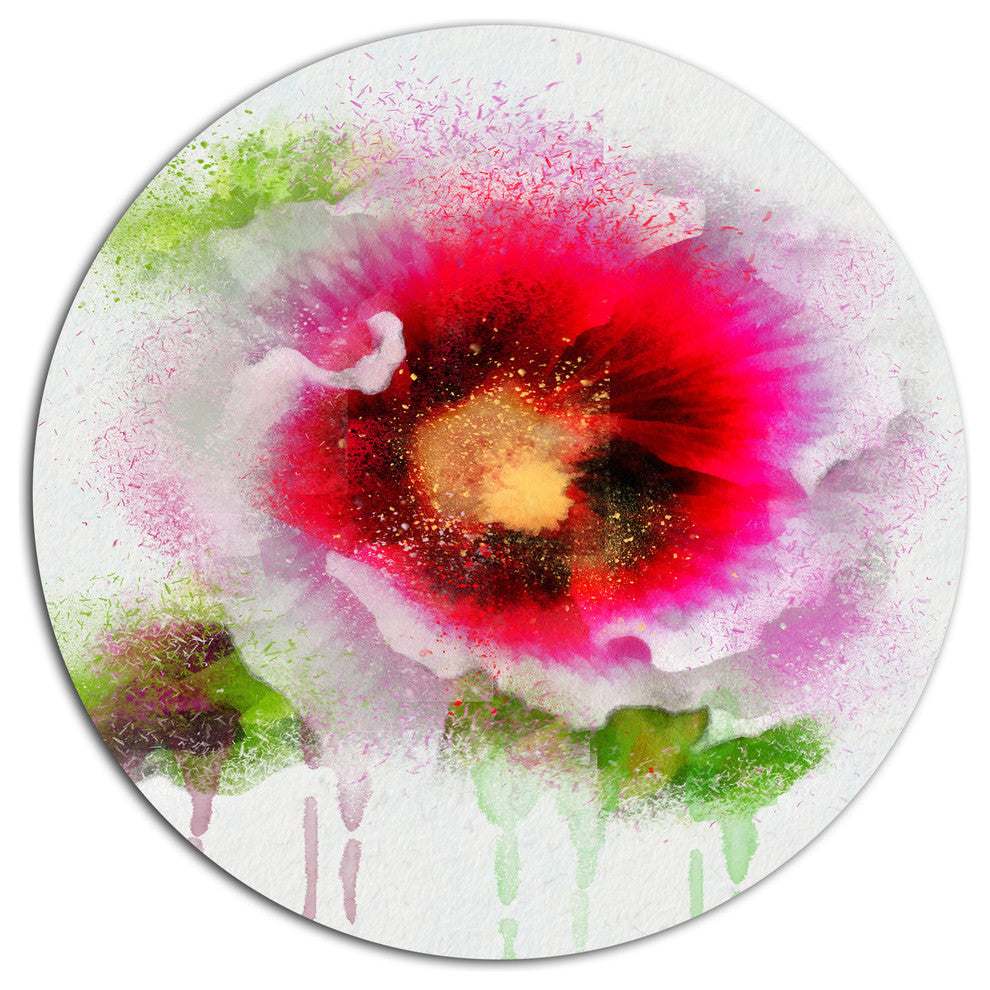 Poppy With Green Watercolor Splashes, Floral Disc Metal Artwork, 11"