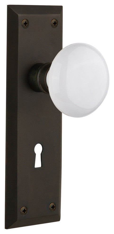 New York Plate Interior Mortise White Porcelain Door Knob, Oil-Rubbed Bronze