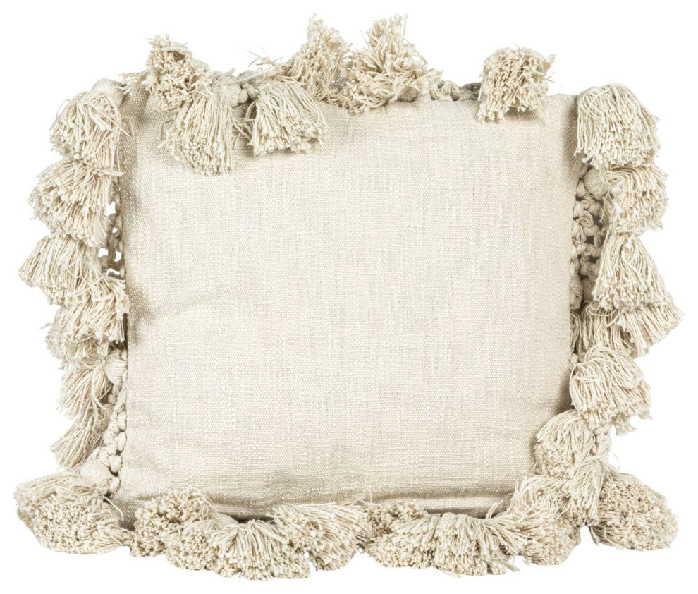 Square Crochet and Tassels Cream Cotton Slub Pillow