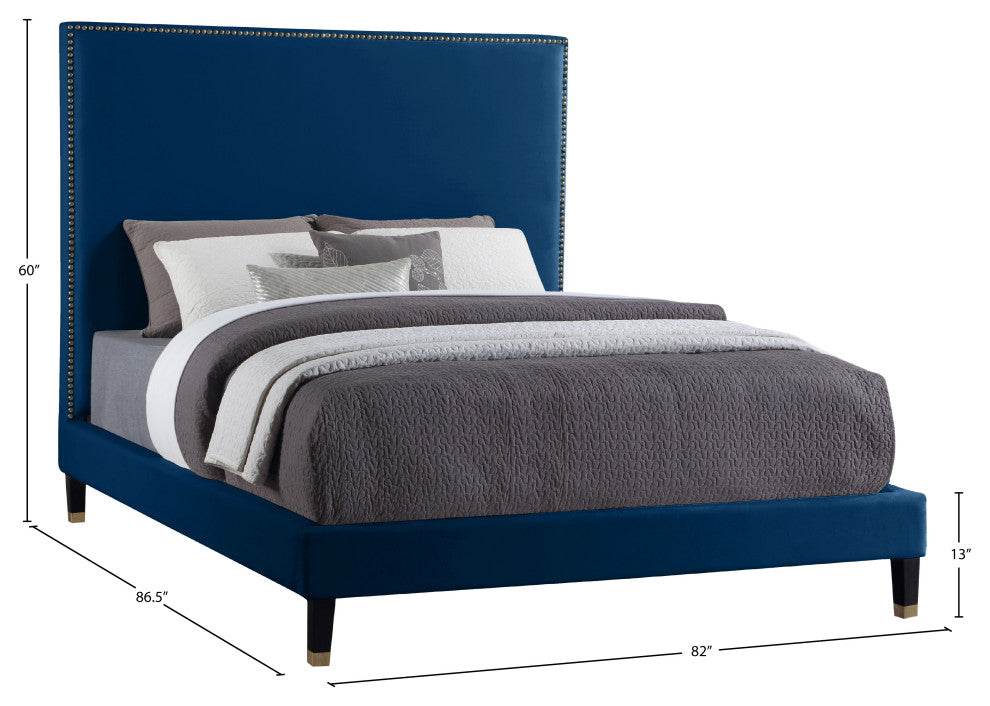 Harlie Velvet Upholstered Bed, Navy, King